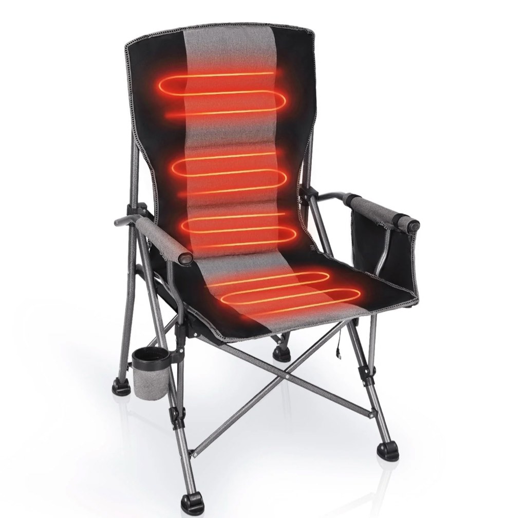 camping chair w/hard armrest,heavy duty padded portable heating lawn chair w/cup holder support 400 lbs,black,battery not included