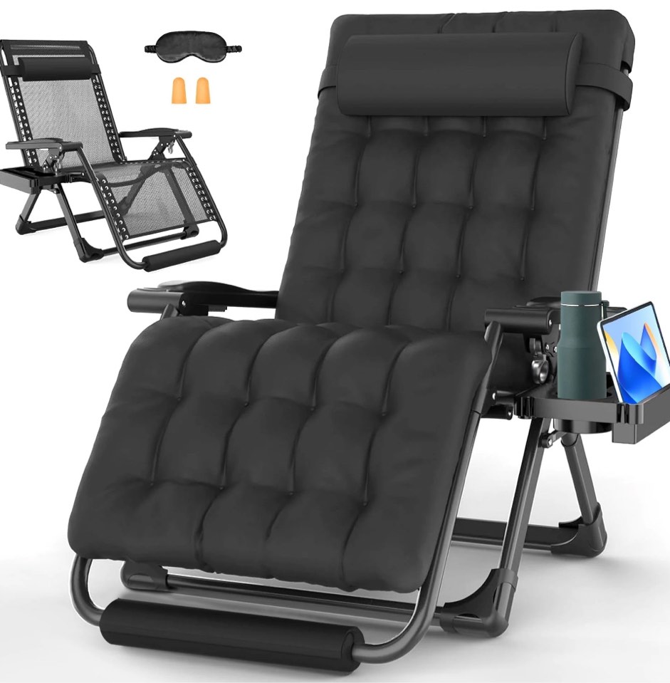 GVDV Oversized Zero Gravity Chair, 33In XXL Lounge Chair 500lbs Capcity with Removable Thick Cushion, Lawn Patio Reclining Chair Upgraded Alloy Lock and Cup Holder, for Indoor Outdoor, Black