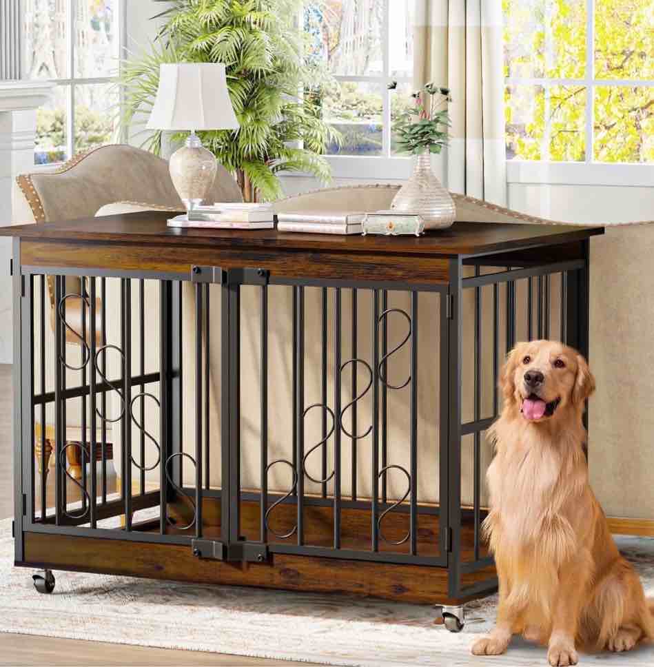 48 inch Dog Cage Furniture for Extra Large Dog, Double-Doors Heavy Duty Dog Crate with 360° Caster Wheels, Dog Kennel Indoor Decorative Pet House Dog Cage Table, Brown
