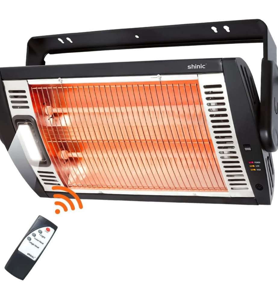 Shinic Electric Garage Heater with Remote, 1500W/750W Ceiling Mounted Radiant Quartz Heater with Work Light, 90° Rotation, 5 Mode Settings, Ideal for Garage, Shop, Patio Large Room