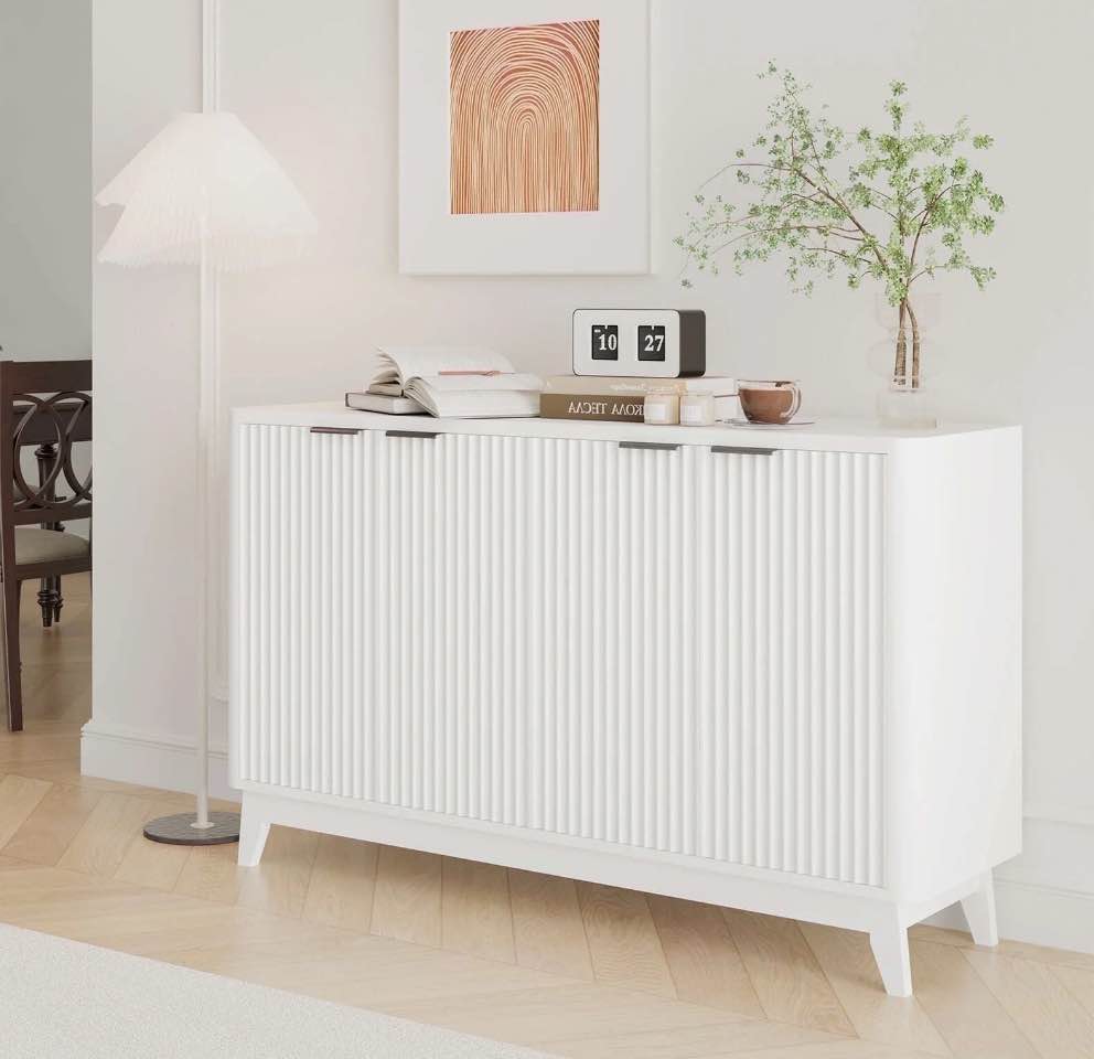 Large  Fluted Sideboard,Buffet Cabinet with 4 Doors & Adjustable Shelves  for Dining Room, Living Room, Hallway(White)