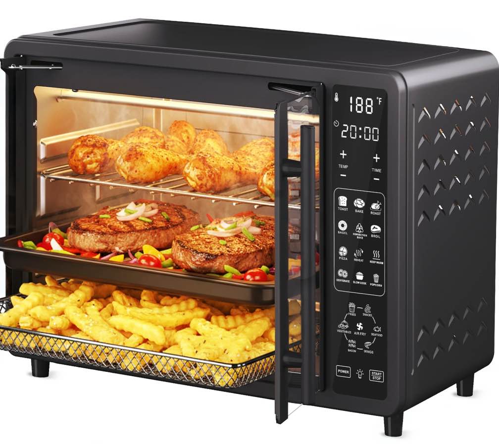 25QT French Door Air Fryer Toaster Oven Combo, Bake, Broil, Roast, 19 Cooking Functions and Digital Controls, NTC Precise Temp Control, 1700W Powerful Heating, Stainless Steel Easy to Clean