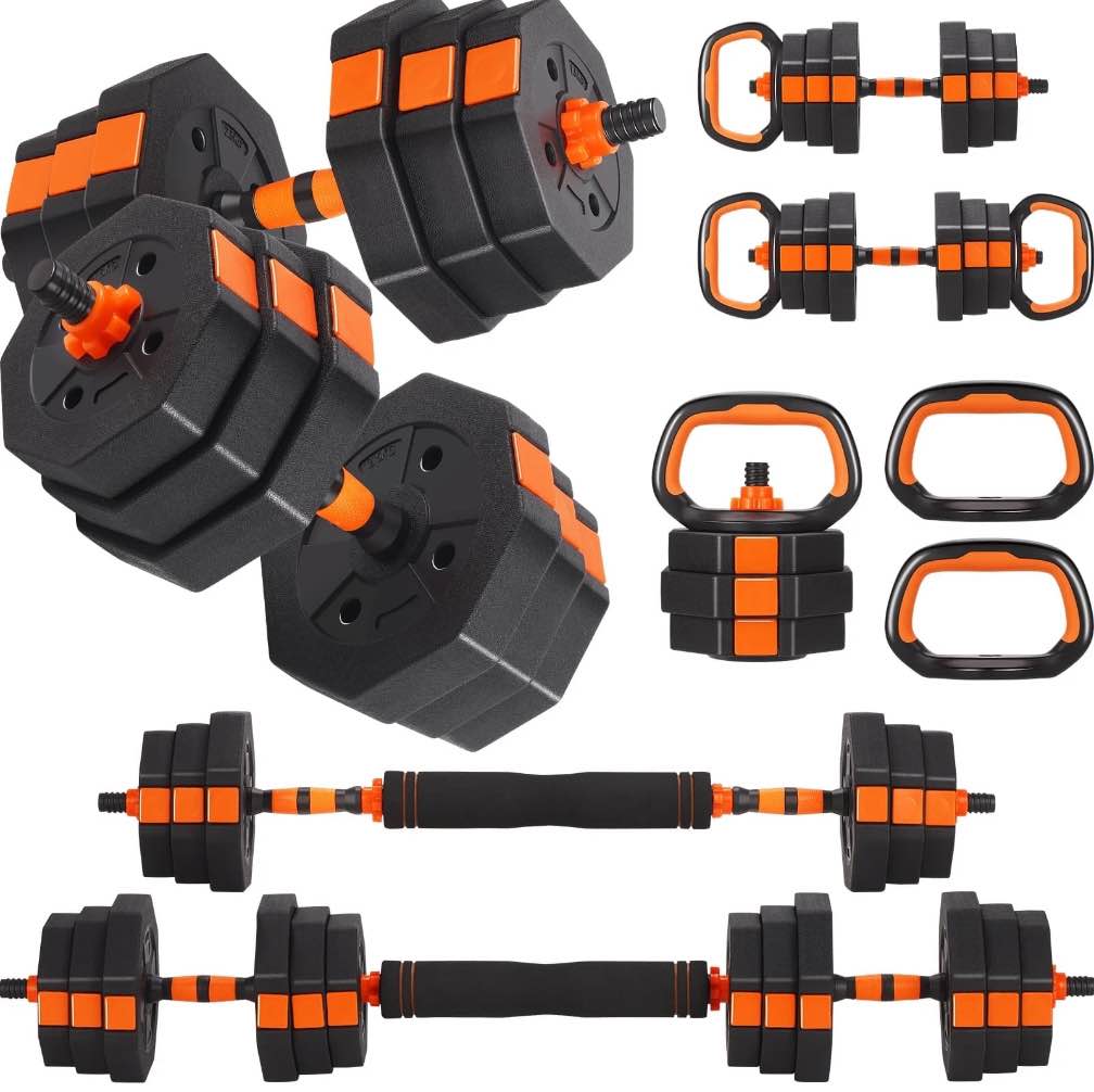 ARVAKOR 66Lbs Adjustable Dumbbell Set – Octagonal Anti-Roll Design, Non-Slip Grip, Versatile Weights with Barbell, Kettlebell, Push-Up Options, Orange