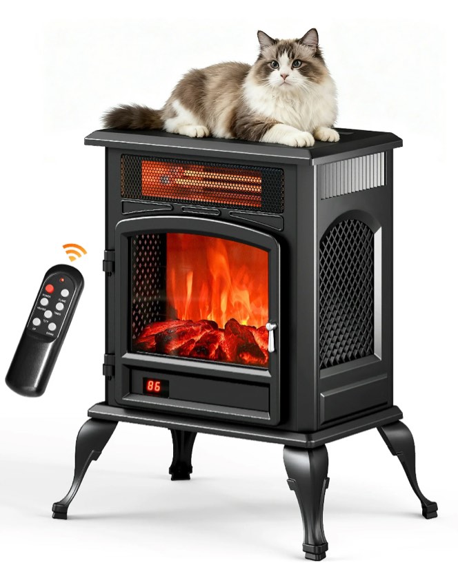 Flamemore Electric Fireplace Heater, 22" FreeStanding Fireplace Stove with Brightness Adjustable 3D Flame, 750W/1500W Infrared Space Heater for Indoor Use, Digital Display & Remoteq