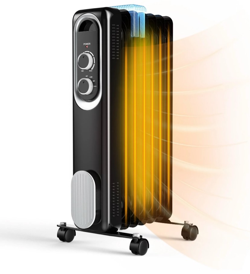 edx Basic Electric Oil Filled Radiator, 1500W Space Heater with Adjustable Thermostat, Black, 22.83 x 11.81 x 4.92 in