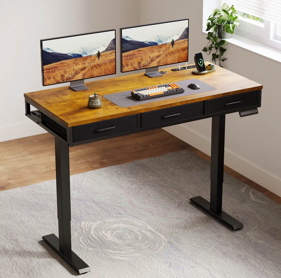 Electric Standing Desk with Drawers, 47 Inch Height Adjustable Desk with Power Outlets & USB, Sit Stand Table for Home, Office, Workstation, Rustic Brown
