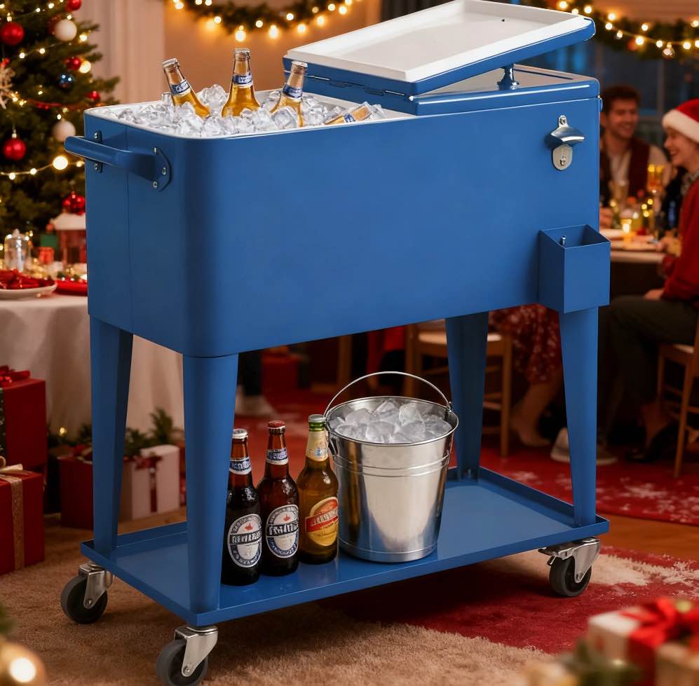 Ktaxon 80 Qt Rolling Ice Chest Cooler Cart Outdoor Trolley with Storage Shelf, Bottle Opener & Cap Collector for 48 Hour Cold Drinks, Navy Blue