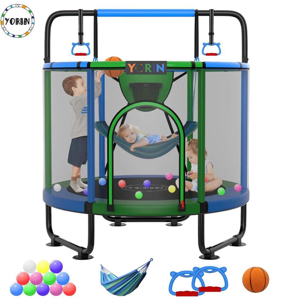 YORIN Trampoline for Kids, 5FT Toddler Mini Trampoline with Enclosure Net, Basketball Hoop, 60'' Indoor/Outdoor Kids Trampoline with Swing, Adjustable Gymnastics Bars, Gifts for Boys & Girls, 600LBS