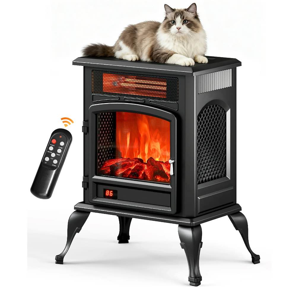 Flamemore Electric Fireplace Heater, 22" FreeStanding Fireplace Stove with Brightness Adjustable 3D Flame, 750W/1500W Infrared Space Heater for Indoor Use, Digital Display & Remote