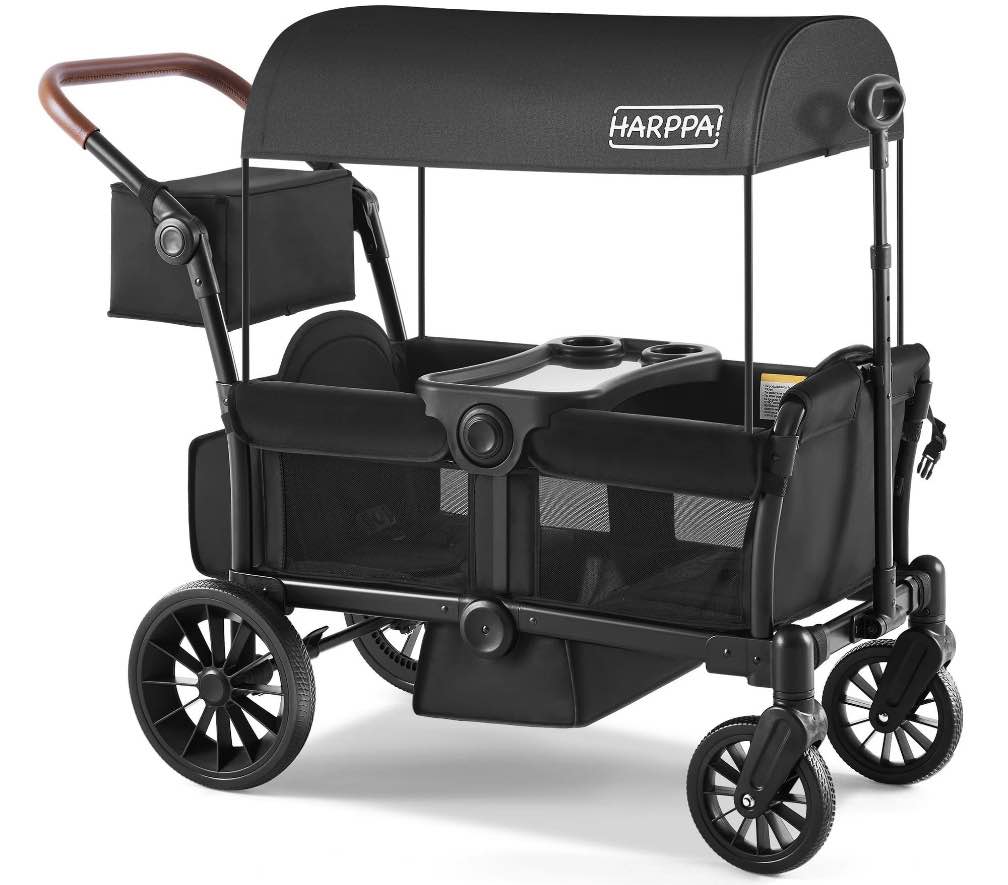 HARPPA Foldable Wagon Stroller for 2 Toddlers with Pull & Push Handle, Canopy, 32.9lbs, Black