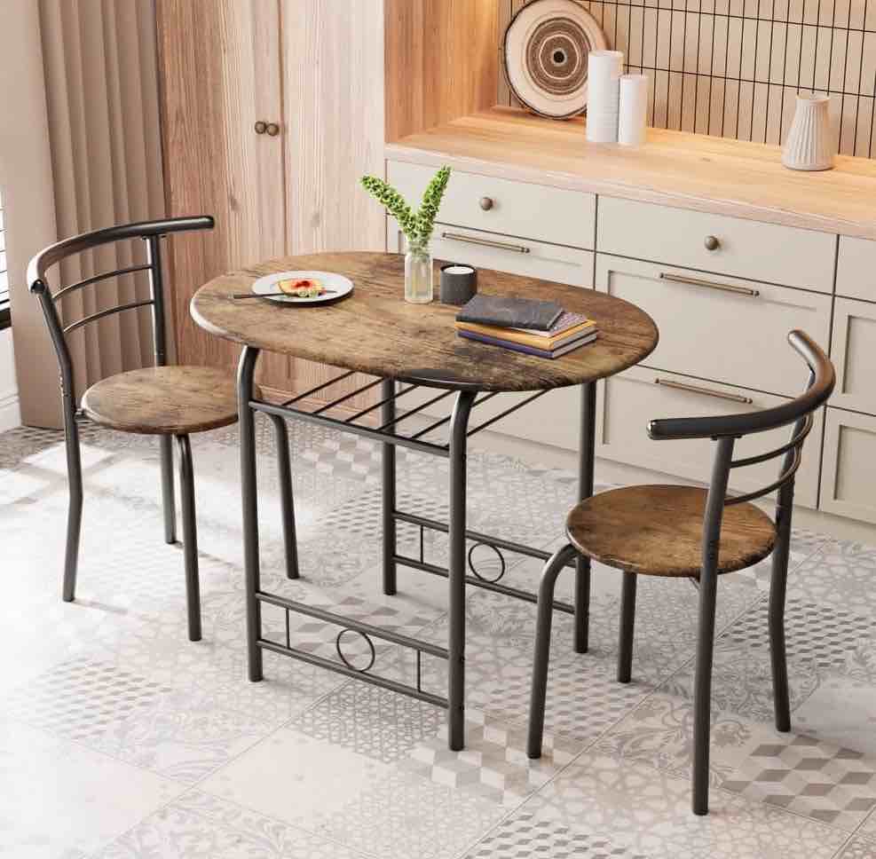 Homall 3 Piece Wood and Metal Dining set, Small dining table for 2 ,for Living Room, Dining Room, Kitchen, Brown