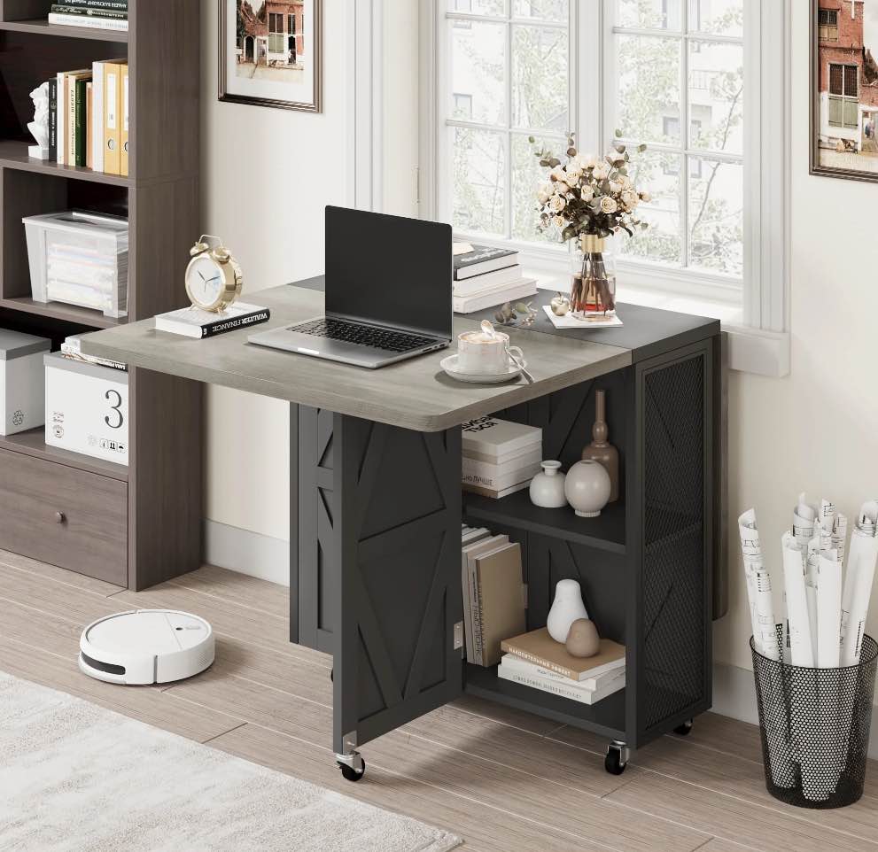 Cocosity Space Saving Folding Dining Table with 2 Tier Storage,Gray Black