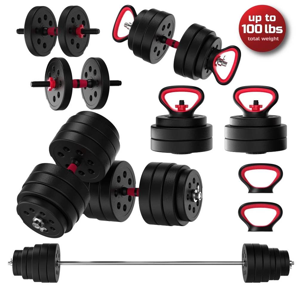 FitRx SmartBell Gym, 100lbs. Adjustable Dumbbells, Kettlebells and Barbell Weight Set, Metal Barbell