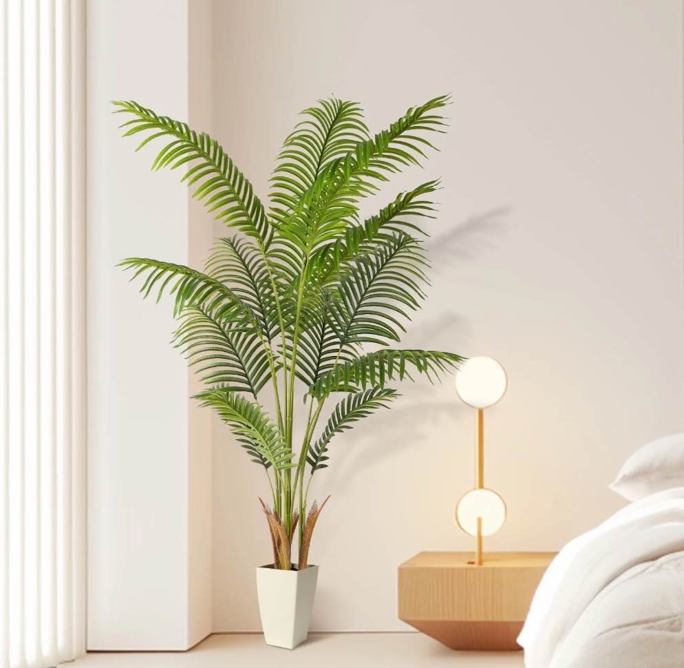 Alupssuc 5ft Artificial Palm Tree, Pre Potted Faux Greenry Tree for Home Decor Indoor Outdoor, Tall Silk Fake Plant with Natural Trunk and Lifelike Leaves