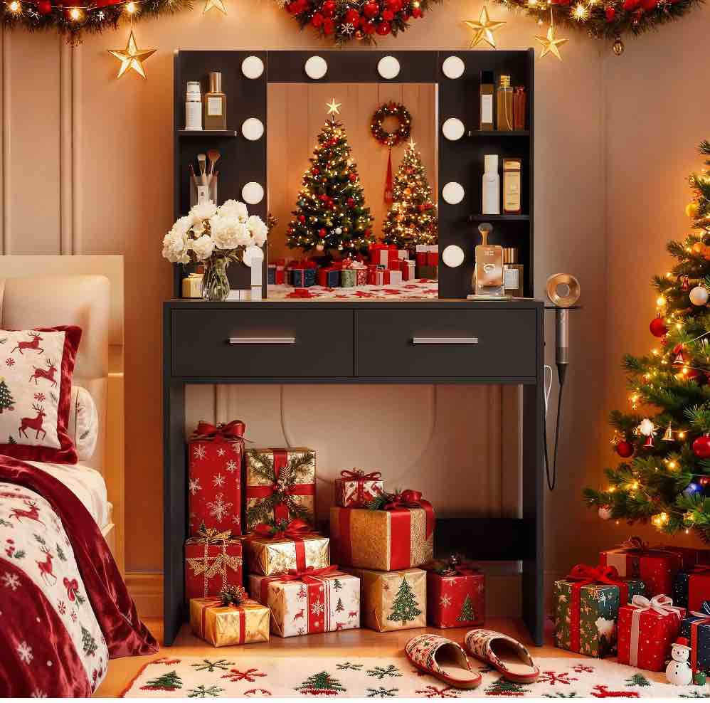 Furmax Makeup Vanity Table with 3 Modes Adjustable Lights and Mirror Vanity Desk with Shelves and Drawer, Black