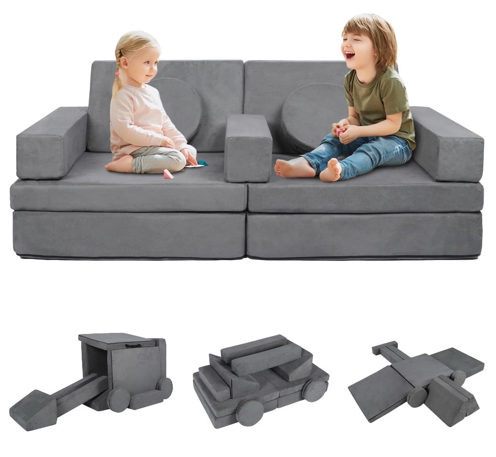 AILEEKISS 9 Pcs Kids Sofa Couch Playset, Indoor Baby Play Couch Furniture for Toddler, Grey