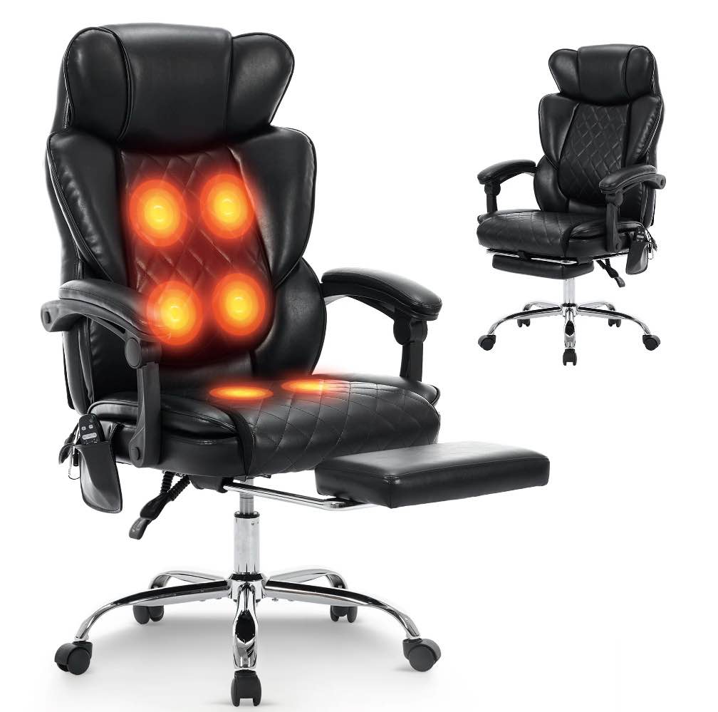EOP Massage Office Chair with Heat and 6 Vibration Points, Big and Tall Executive Office Chair with Adjustable Headrest, Ergonomic Computer Desk Chair with Footrest, Black