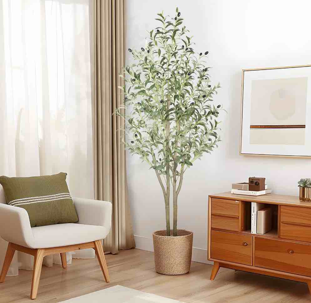 5FT Artificial Olive Tree Indoor, Silk Fake Potted Tree with Natural Wood Trunk & Lifelike Fruits, Faux Plant for Modern Home Office Living Room Floor Decor