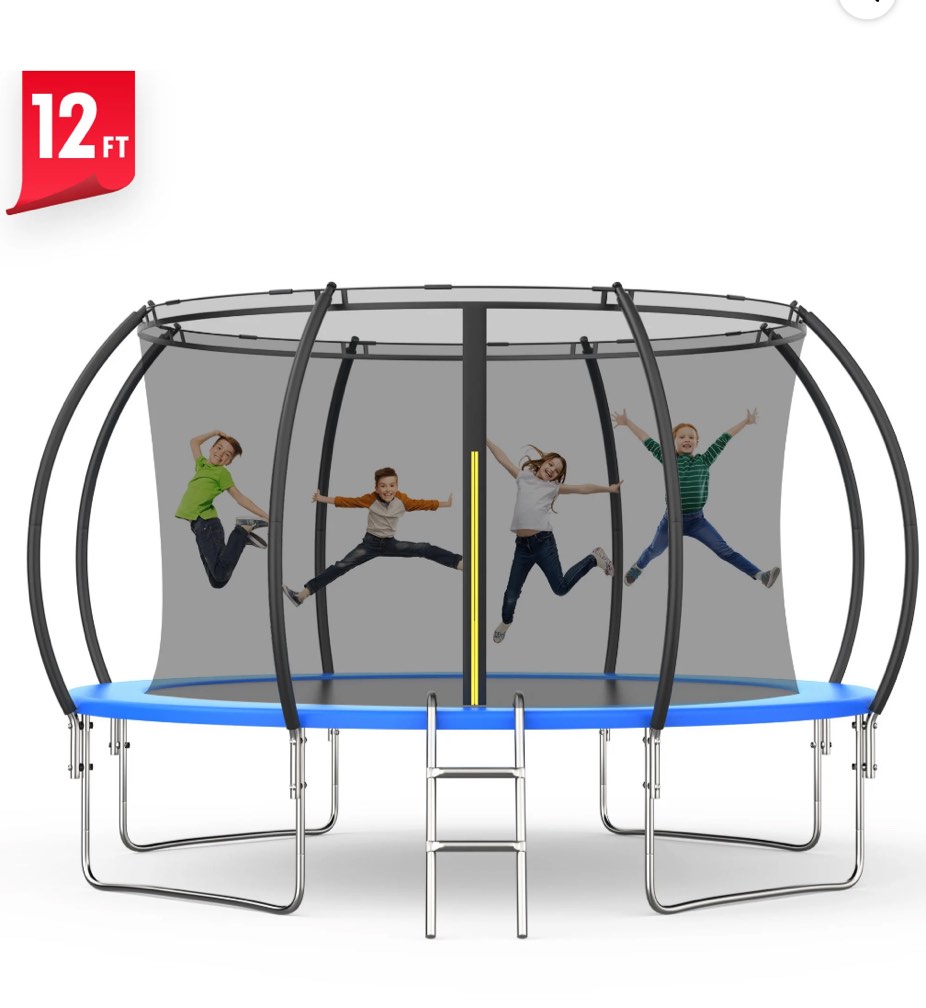 FUNTOK 12 FT Trampoline with Enclosure Net for Kids Adults, 1000 LBS New Upgraded Recreational Backyard Trampolines with Waterproof Jump Mat Ladder for 5 Person