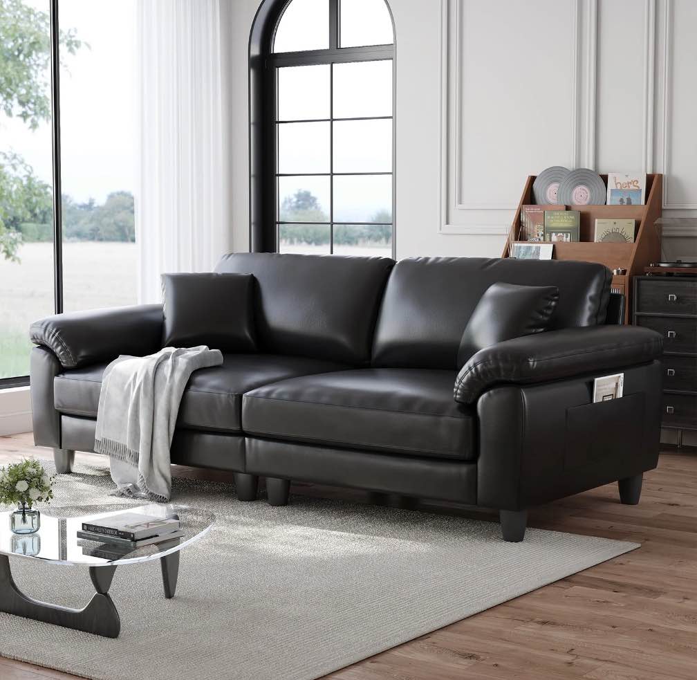 83" Couch Premium PU Leather Sofa, Comfy Deep Seat 3 Seater Couch for Living Room, Oversized Loveseat with 2 Pillows, Black