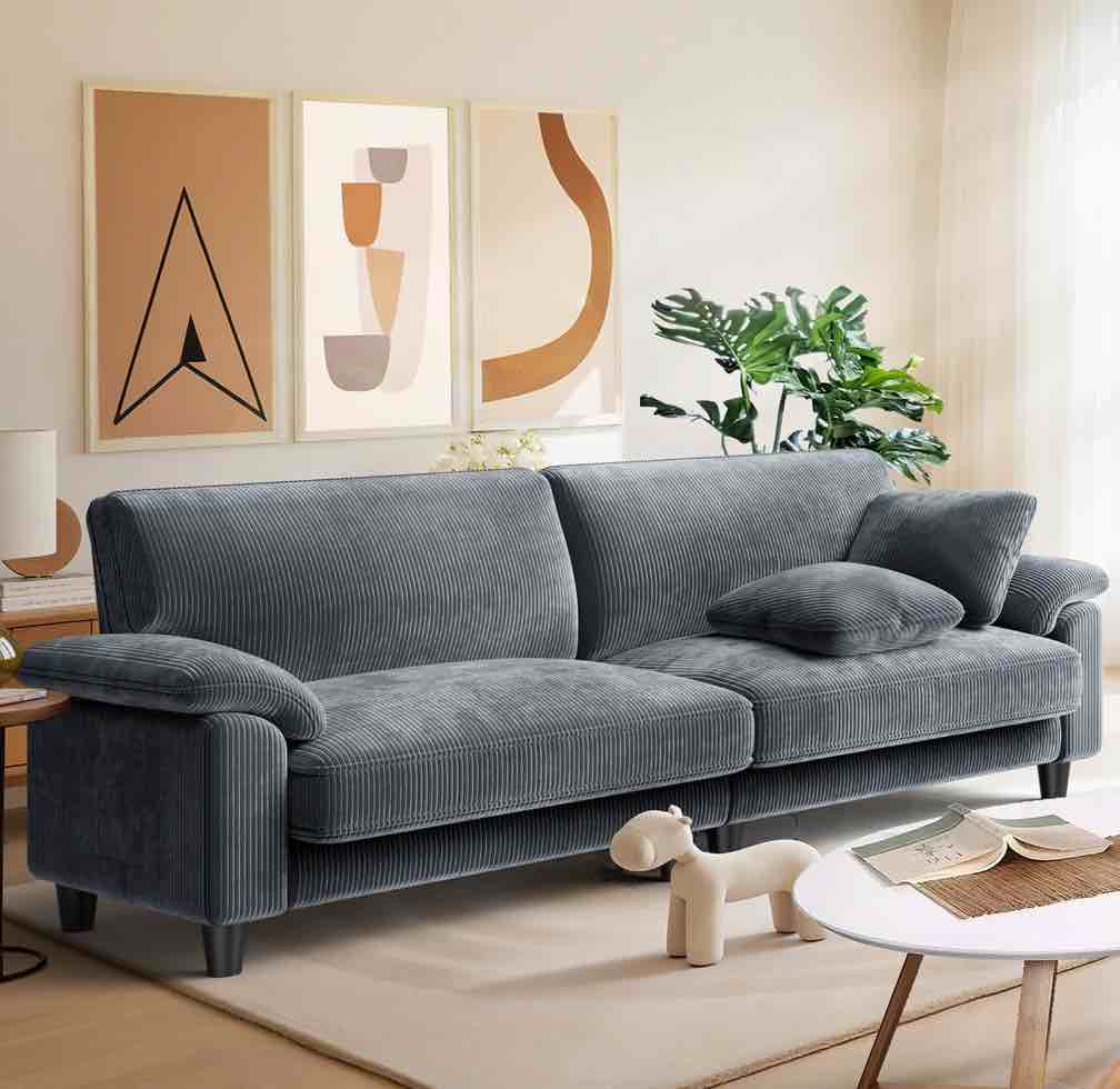 83" Corduroy Sofa,Loveseat Sofa with Extra Deep Seat Couches ,Comfy Upholstered Couch for Living Room,Tool-Free Setup with 2 Pillows,Gray