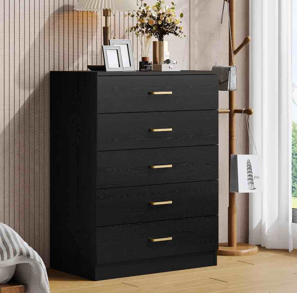 UHOMEPRO Black 5 Drawer Dresser, Chest of Drawers for Bedroom, Modern Storage Cabinet Dresser Organizer Unit with Handle for Living Room, Closet, Hallway