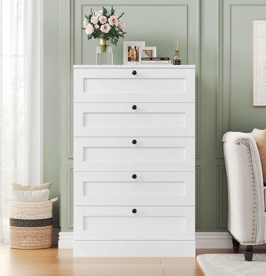 Homfa 5 Drawer White Bedroom Dresser, Modern Vertical Dresser Drawers Wood Organizer for Living Room Entryway Small Spaces
