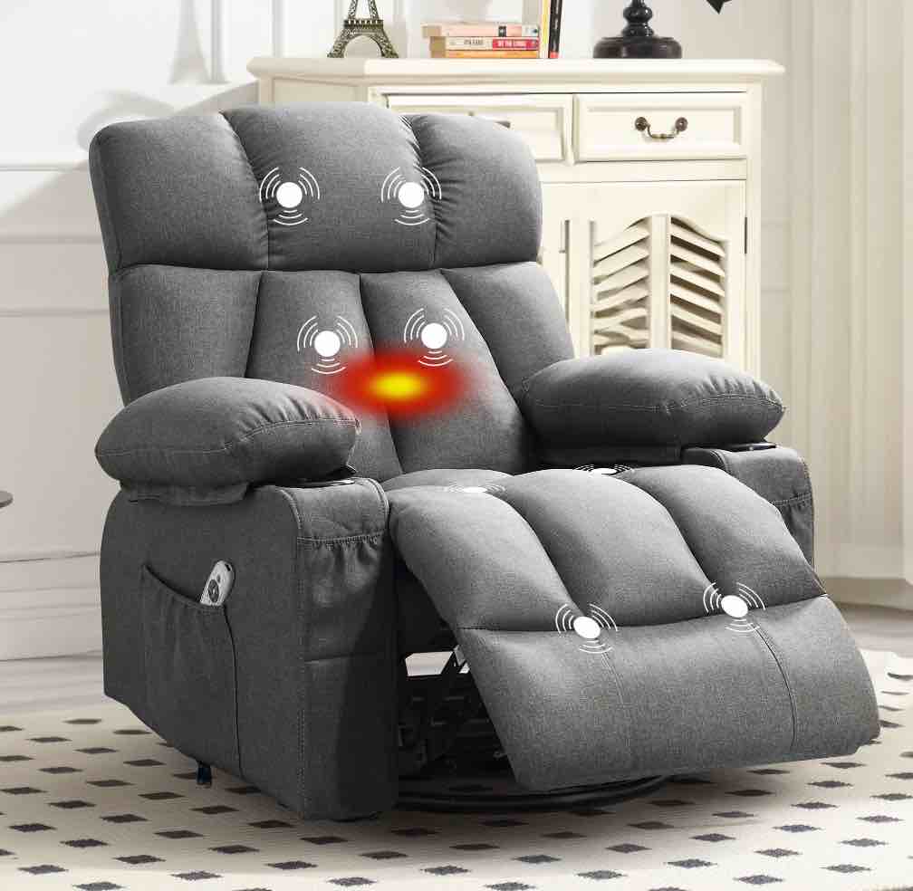 JONPONY Massage Rocker Recliner Chair with Vibration Massage and Heat Ergonomic Lounge Chair for Living Room with Rocking Function and Side Pocket, 2 Cup Holders, USB Charge Port,Grey