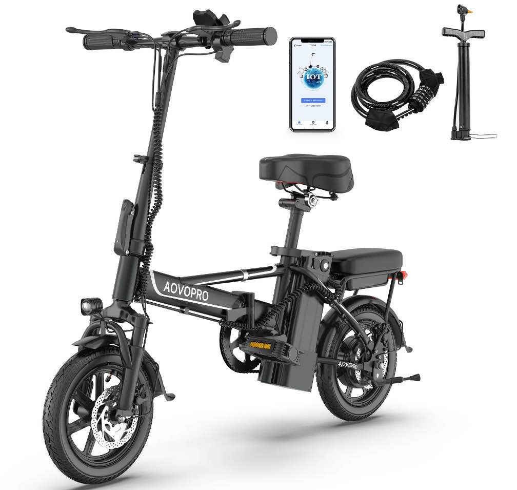 AOVOPRO EB60 Black Electric Bike 500W 48V, 14' Mini Ebike for City Commuter, Folding Electric Bicycle for Adult with Two Seats UL2849