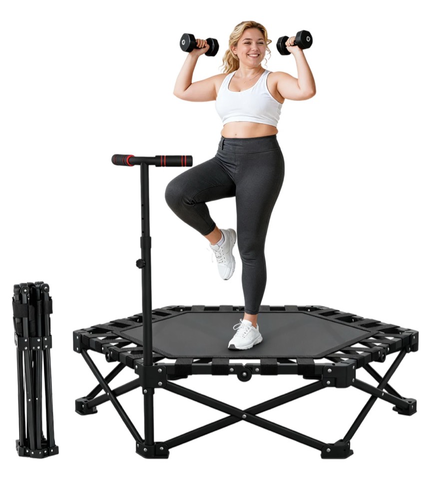 FUNTOK 48" Foldable Mini Trampoline 440lbs, 95% Assembled Fitness Trampoline Rebounder w/ Silent Bungees, Adjustable Handle Exercise Rebounder for Adults Indoor Garden Workout