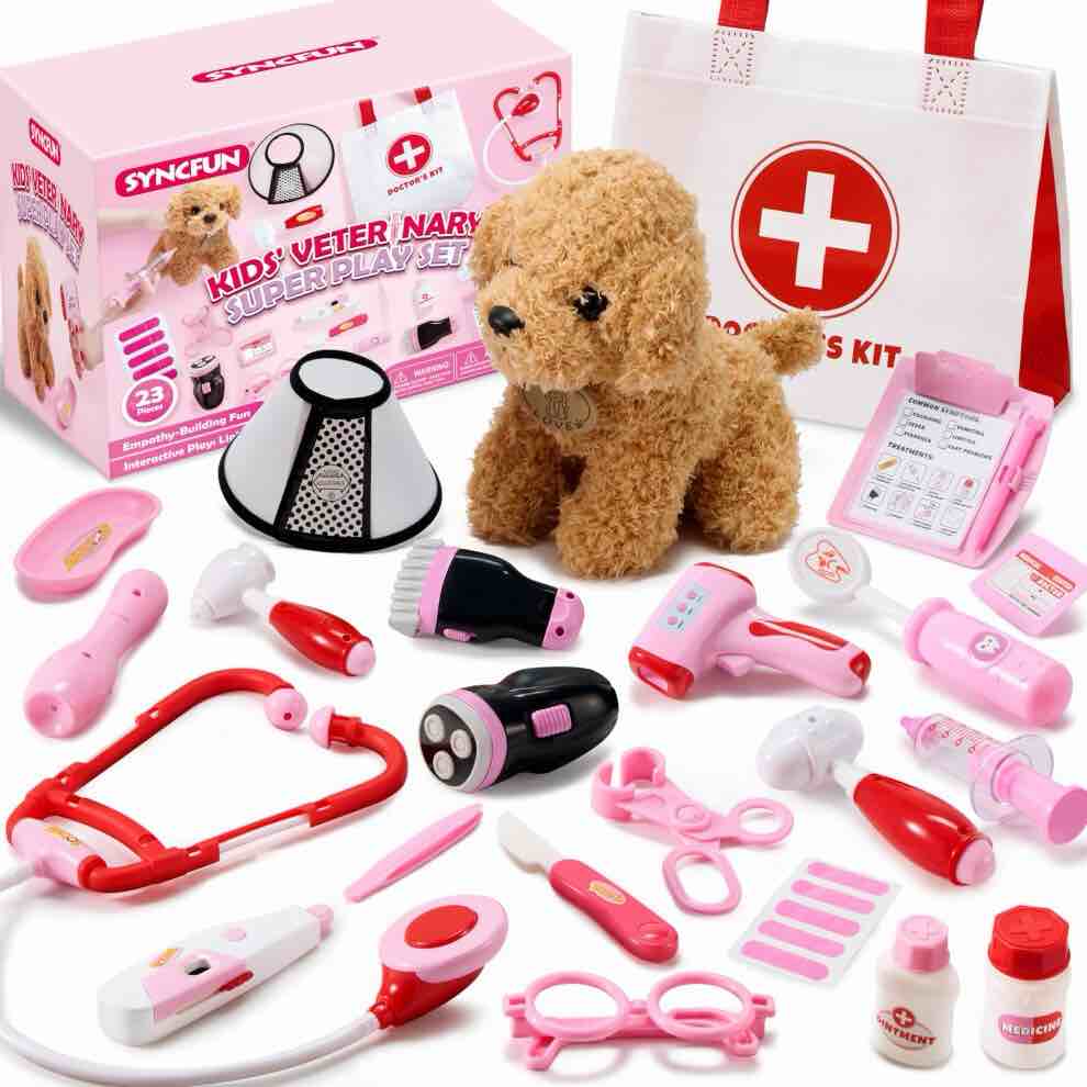 SYNCFUN Doctor Kit for Girls 22 PCS Veterinarian Playset for Kids Vet Kit with Dog Toy Stethoscope Storage Bag and Accessories Pretend Play for T