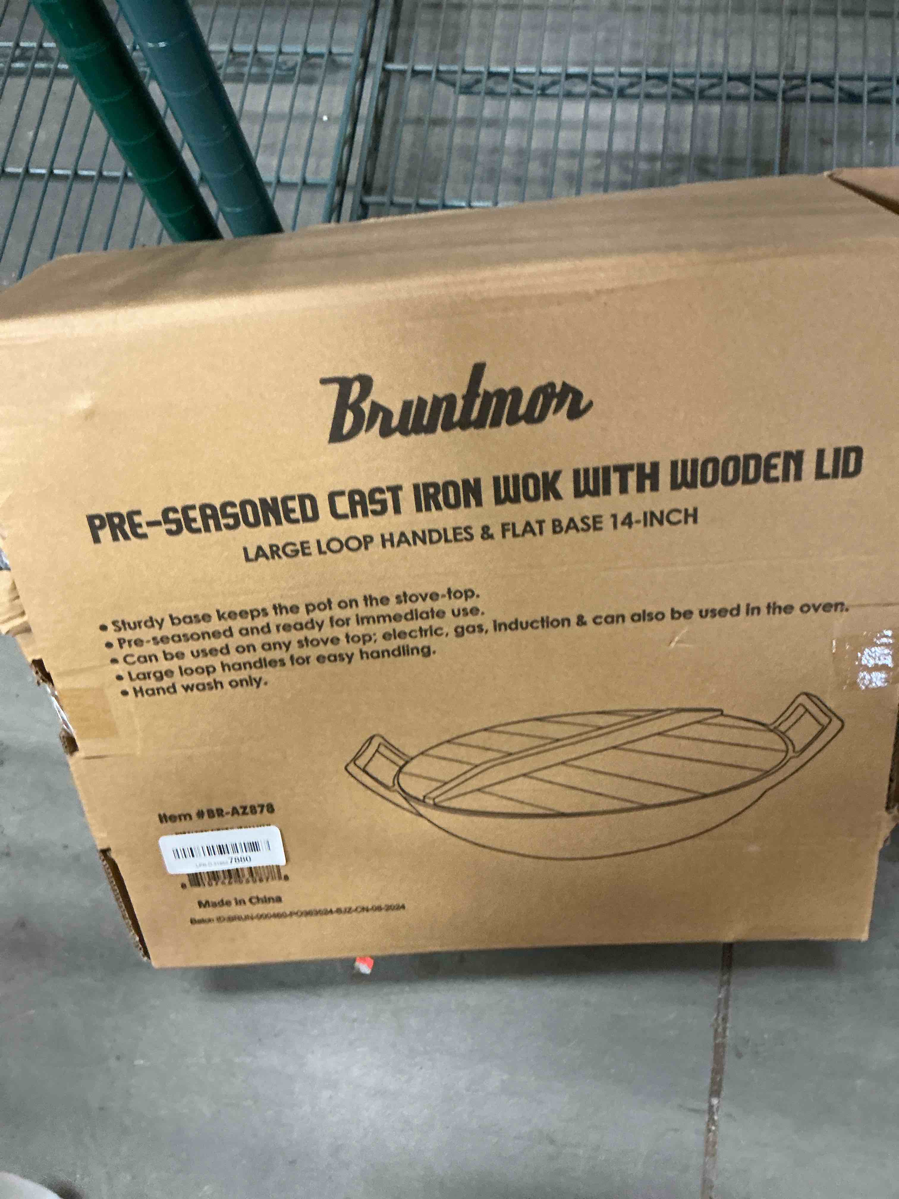 Condition photo showing New/Like New for Bruntmor 14 Inch Blue Enameled Cast Iron Wok/Pot Nonstick Skillet Pan with Large Loop Handles for Versatile Cooking - Oven Safe & Electric Stovetop Compatible - Indoor and Outdoor Culinary Essential