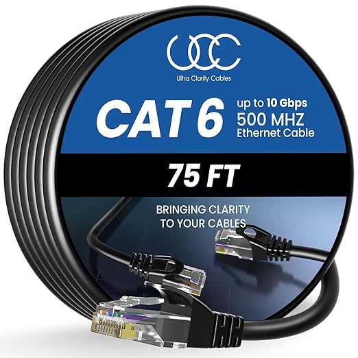 Cat 6 Ethernet Cable 75 ft, 10Gbps High Speed Ethernet Cable, Internet Cable Outdoor&Indoor, Rj45 Ca