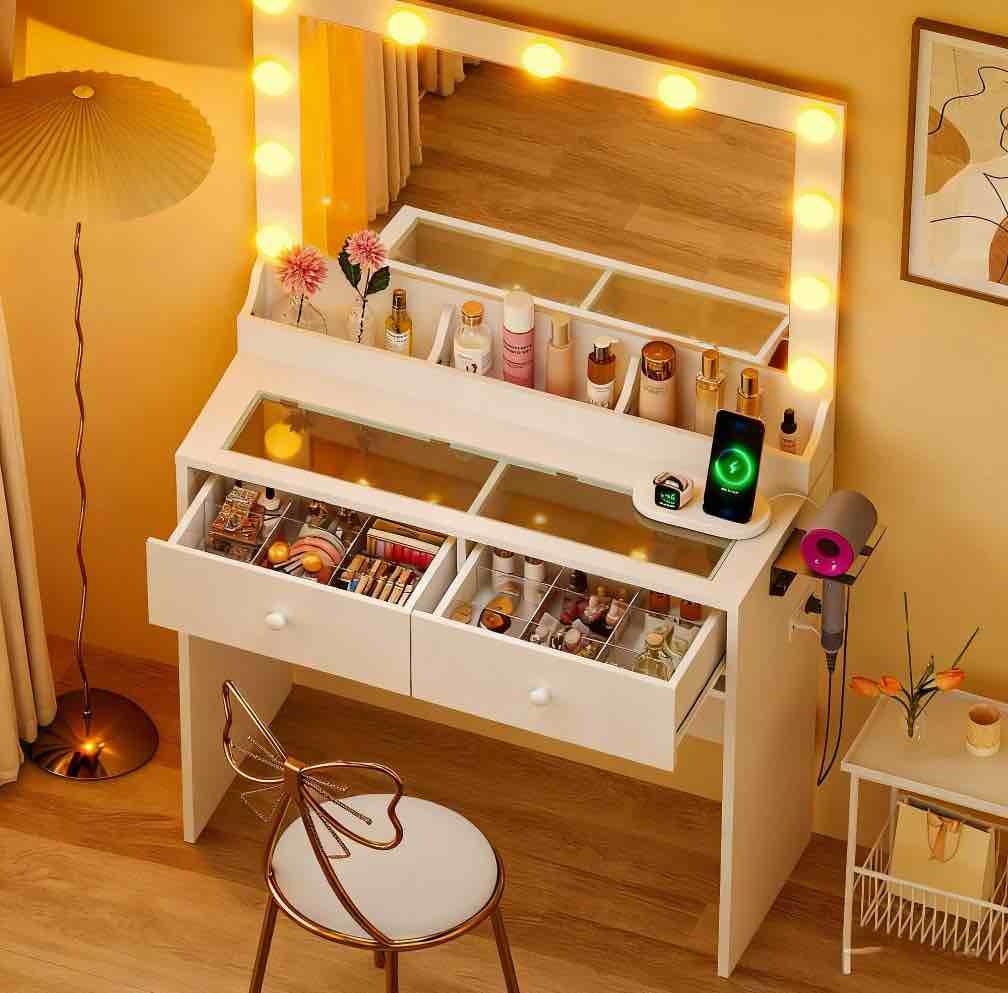 Condition photo showing New/Like New for Ktaxon Get Ready with Me GRWM Makeup Vanity Desk with Lighted Mirror, Dressing Table W/Charging Station & Hair Dryer Rack,White