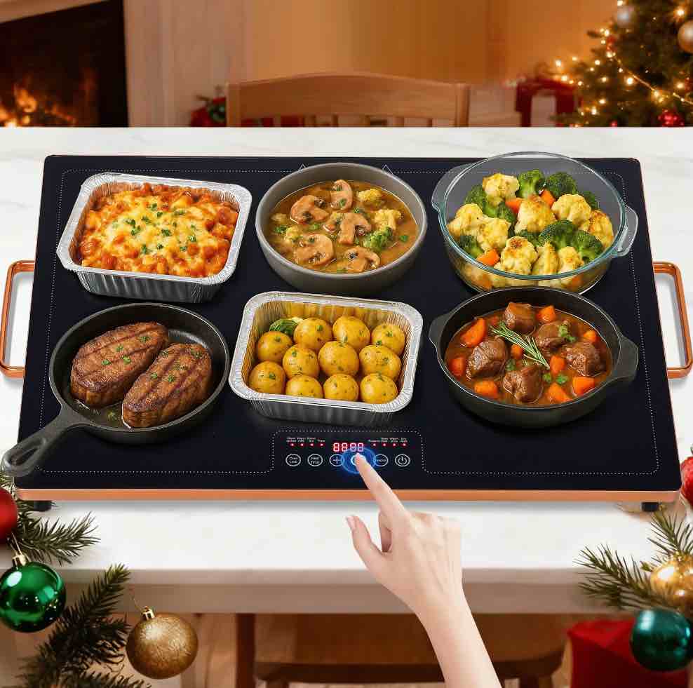 WARMOUNTS Electric Warming Tray 24''×16'', Adjustable Temperature, 10s Full Surface Heating, Smart Scheduling + Timer, Intelligent Digital Display, Food Warmer for Parties, Buffet, Home Use
