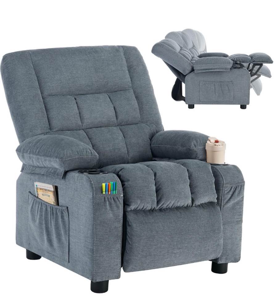Condition photo showing New/Like New for JONPONY Kids Recliner Chair? Push Back Toddler Recliner with Cup Holders & Side Pockets? Adjustable Footrest & Headrest Kids Sofa for Boys Girls 3+ Age Group, Blue