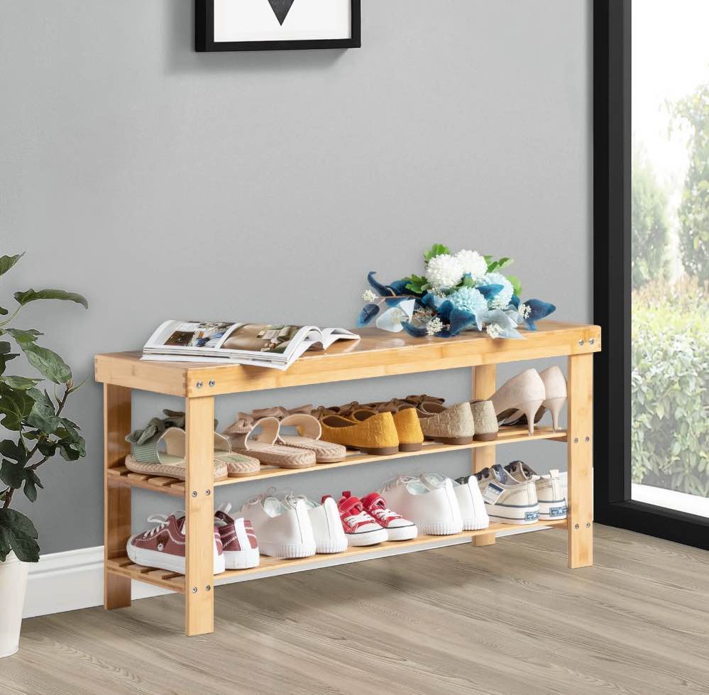 Condition photo showing Good Condition for Zimtown 36  3 Tier Solid Bamboo Shoe Bench Storage Racks Seat Organizer for Entryway Hallway Kids  Natural