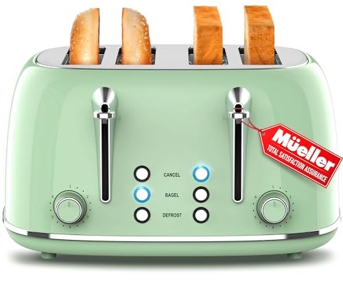 Mueller Retro Toaster 4 Slice with Extra Wide Slots Bagel, Defrost, and Cancel Function, 6 Browning Levels, Dual Independent Controls, Removable Crumb