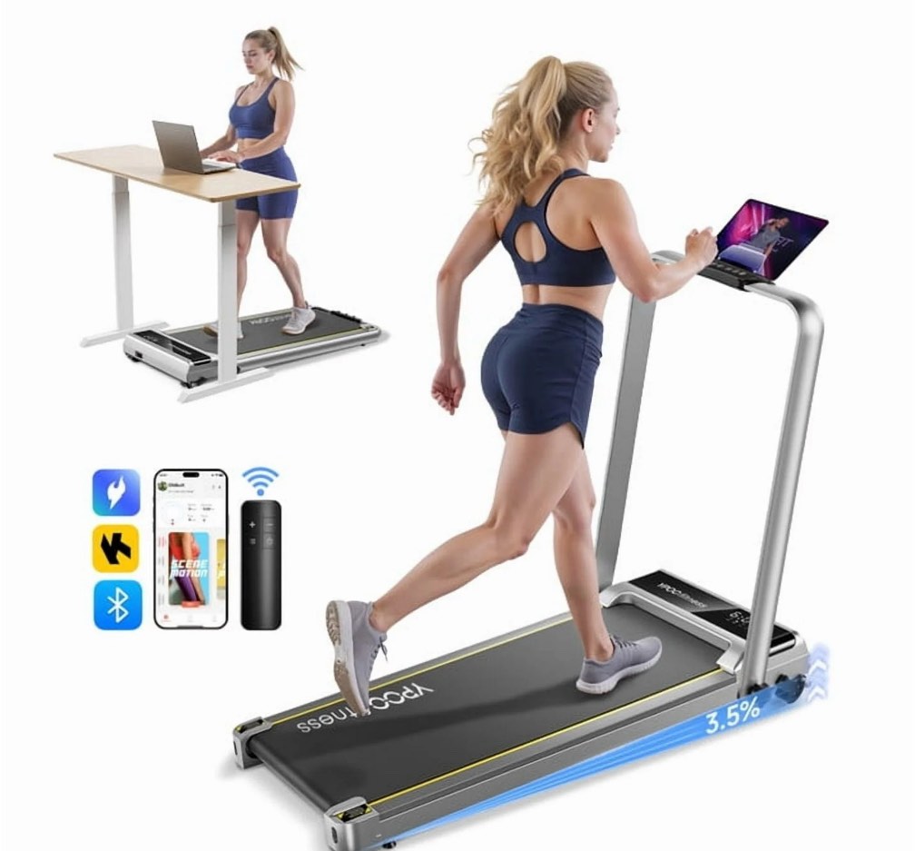 YPOO Folding Walking Pad Treadmill with Incline and Handle, 3-Window Display, Dual Use Home/Office Fitness Equipment, 300 lb Capacity, Silver