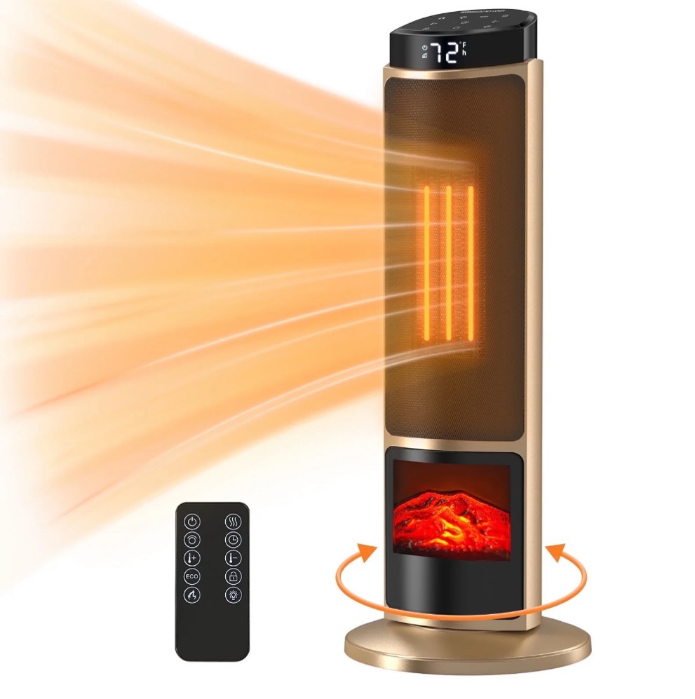 EDX 1500W Space Heater for Indoor Use, 23" Electric Heater with 7 Light Colors, 70° Oscillation, Adjustable Thermostat & Remote, Tip-Over Protection, Gold