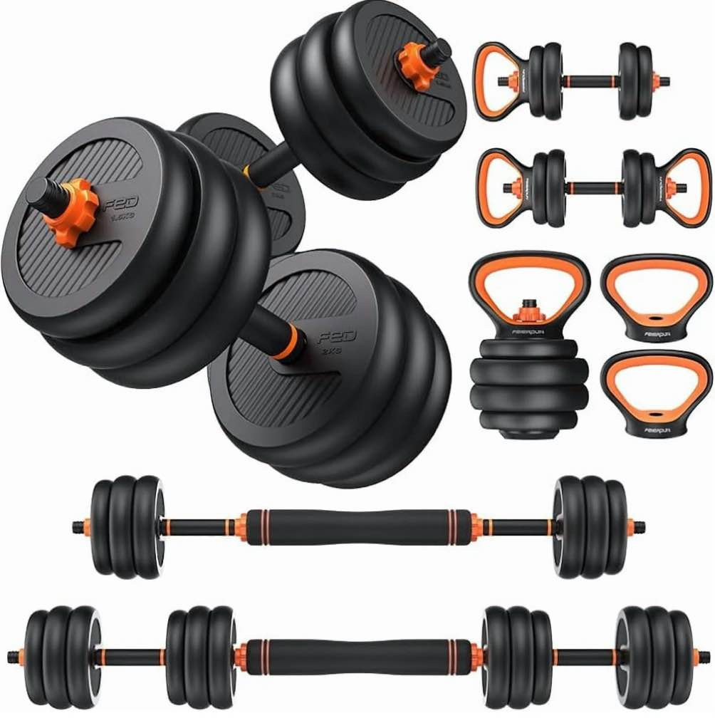 FEIERDUN Adjustable Dumbbells, 20/30/40/45/70/90lbs Free Weight Set with Connector, 5 in1 Dumbbells Set Used as Barbell, Kettlebells, Push up Stand, Weight Plate,
