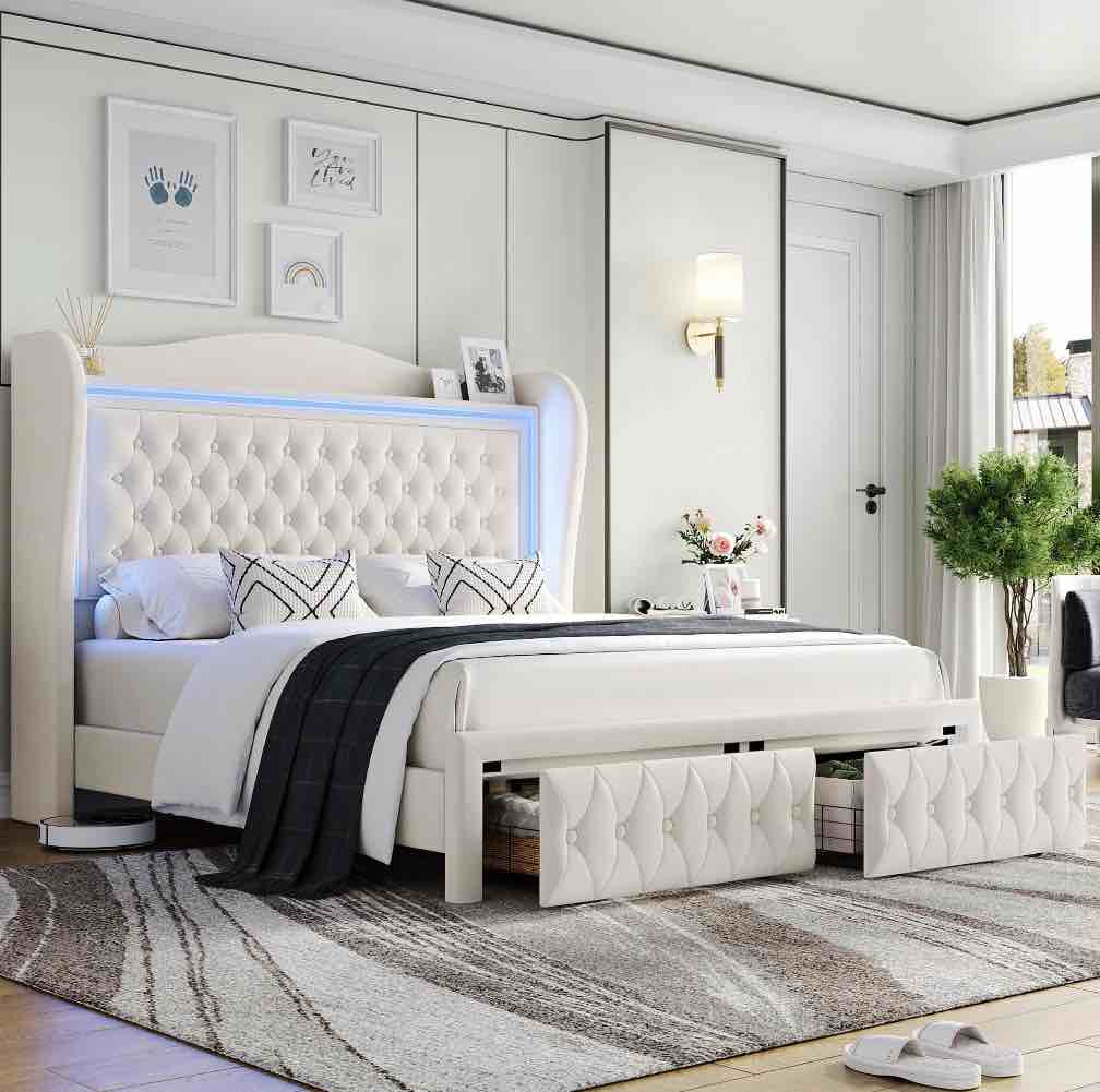 Homfa Queen Size LED Bed Frame with Storage Drawers, 54in Tall Velvet Upholstered Headboard Platform Bed with Wingback Buttons Headboard, Beige