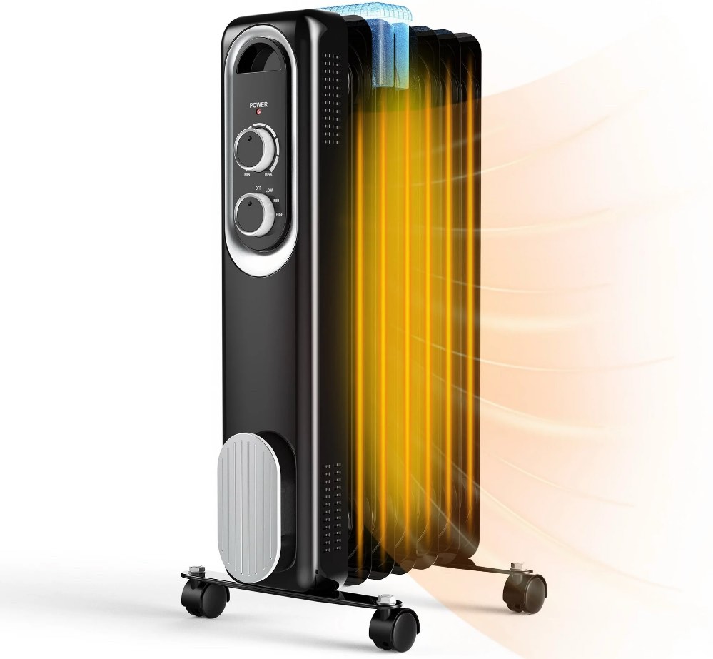 edx Basic Electric Oil Filled Radiator, 1500W Space Heater with Adjustable Thermostat, Black, 22.83 x 11.81 x 4.92 in