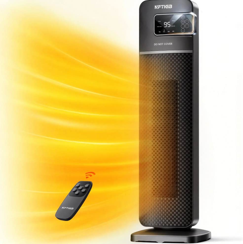 NFTIGB 24" Tower Heater, 1500W PTC Ceramic Electric Space Heater with Digital Thermostat, Remote, 70° Oscillation, ECO Mode and Safety Tip-Over Protection, Gray