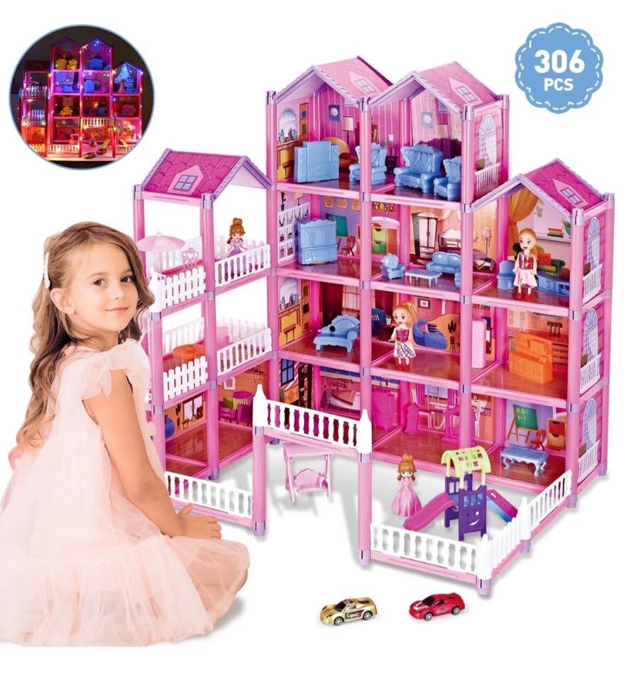JoyStone Dollhouse with Colorful Light, Furniture Sets with 4 Dolls, Creative Gift for 3-12 Year Girls, Pink