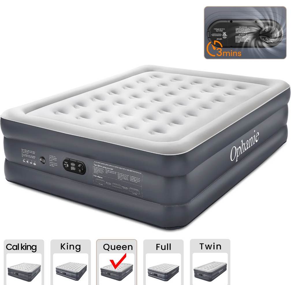Ophanie Queen Air Mattress, 18-Inch Elevated Inflatable Bed with Built-in Pump, Puncture-Resistant, Quick Inflation/Deflation, Portable for camping & Guests, Dark Gray