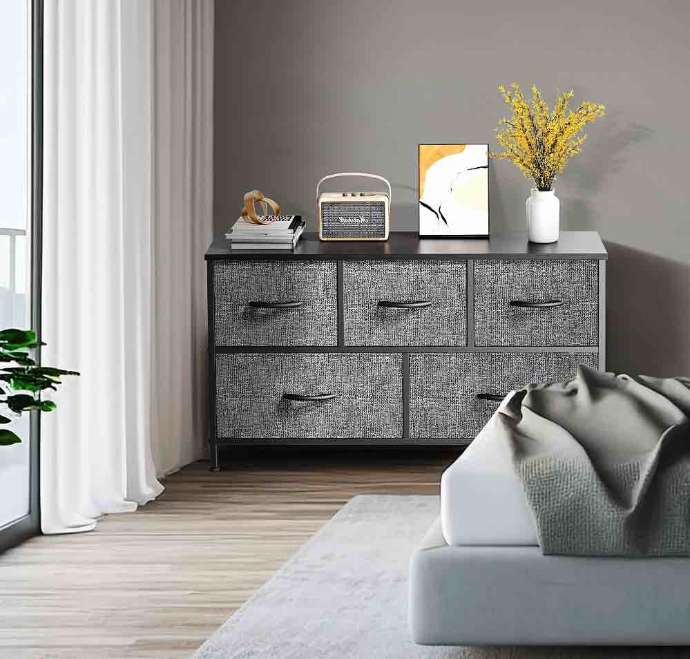 EDX 5 Drawer Dresser, Wide Chest of Drawers Nightstand Storage Tower Storage Fabric Dresser with Wood Top for Living Room, Bedroom, Hallway, Grey