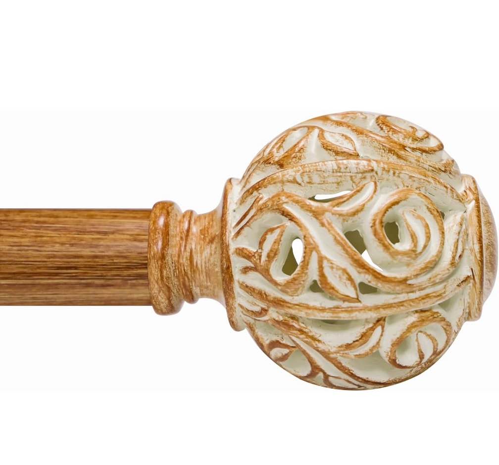 YANLIN-1 Inch Wood Curtain Rod For Windows 28 to 48 Inches, Heavy-Duty Adjustable Decorative Imitation Wood Grain Boho Curtain Rod With Rattan Leaf Hollow Finials For Bedroom ? Living Room and Famh