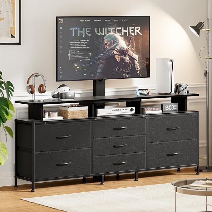 REAHOME TV Stand with Mount, 63" Entertainment Center for 32/45/55/60/65/70 inch TVs, Media Console Table with 7 Drawers, Height Adjustable Mount, Dresser TV Stand for Living Room, Carbon Fiber Black