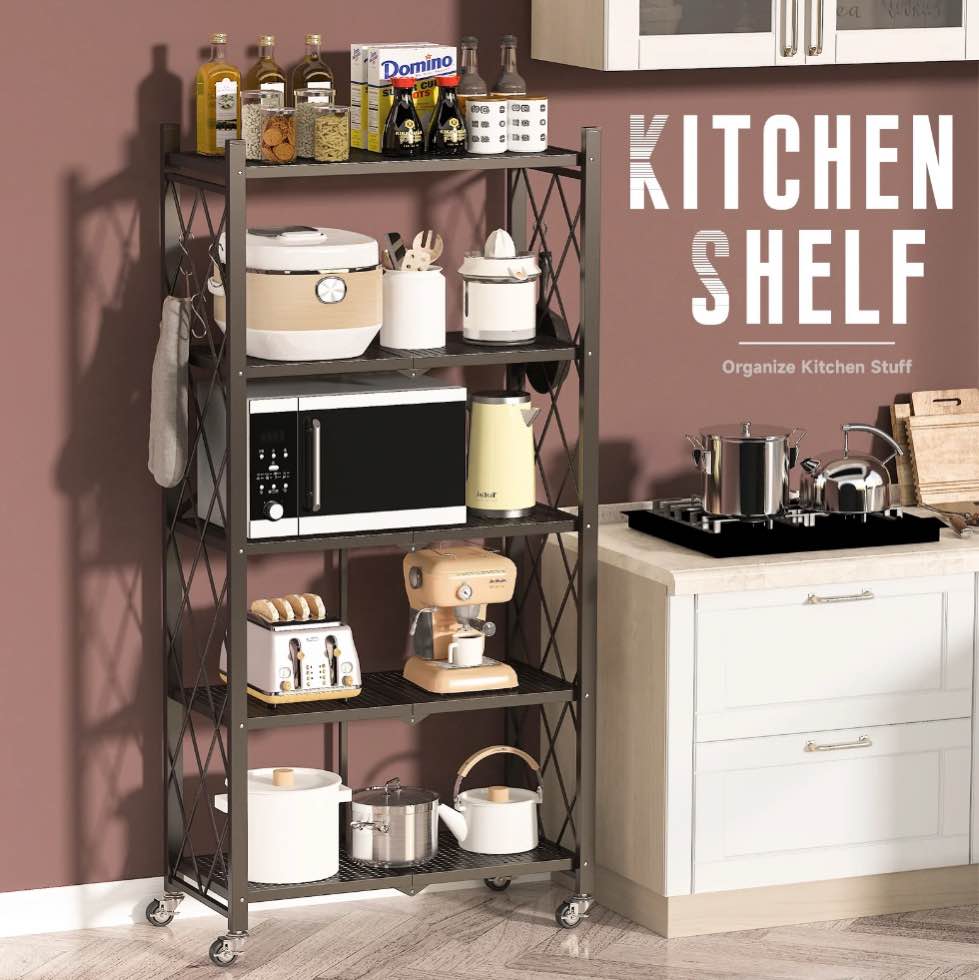 COOKCOK 5-Tier Storage Shelving Unit  Metal Shelf 27.9 x13.4 x62.5  Foldable Storage Shelf with Wheels  Garage Shelf  Metal Storage Rack  Kitchen Shelf with 4 Hooks  No Assemble Require